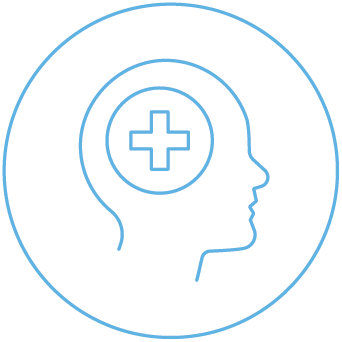 Blue line icon of a head with a medical cross inside concentric circles
