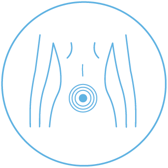 Blue line-art icon of a torso with a target at the abdomen inside a circle