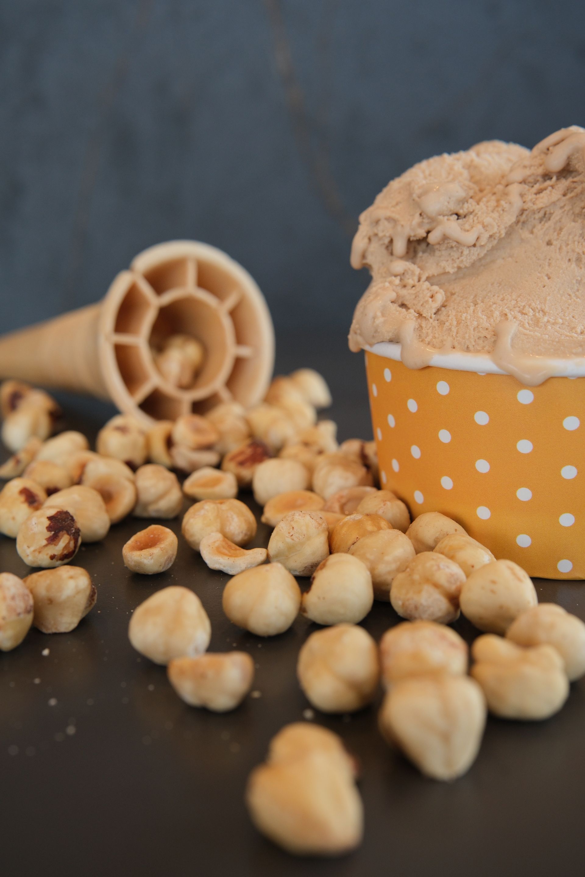 Gelato alla nocciola in coppetta a pois con nocciole sparse e cono di cialda.