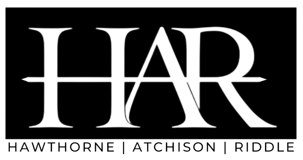 Logo for Hawthorne | Atchison | Riddle featuring the stylized white letters "HAR" on a black rectangle.
