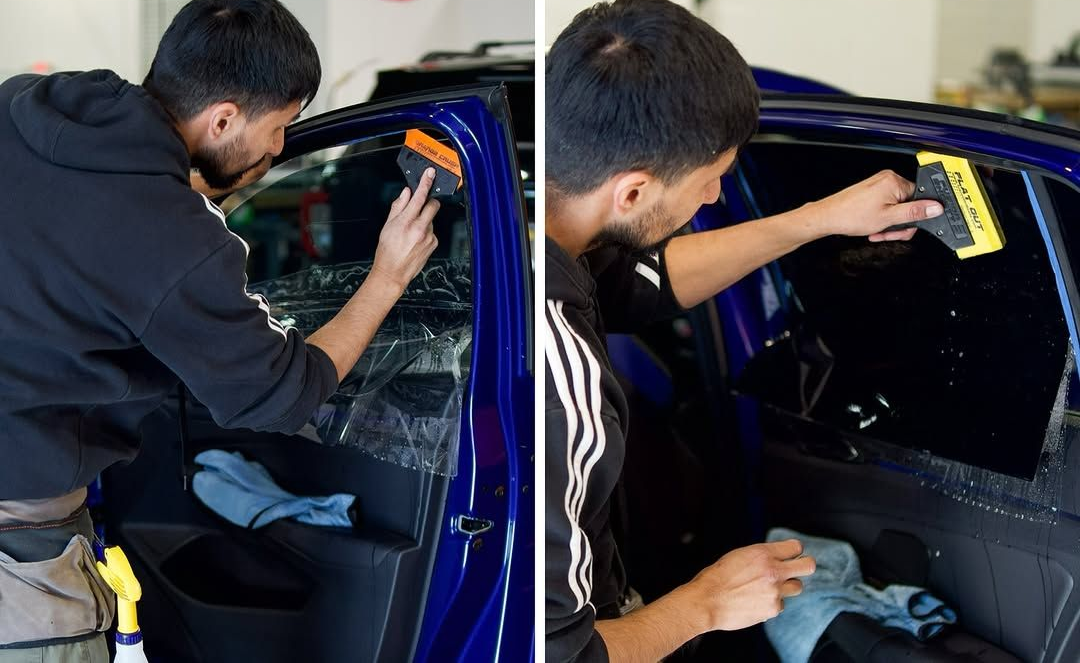 blue car with window tinting installation