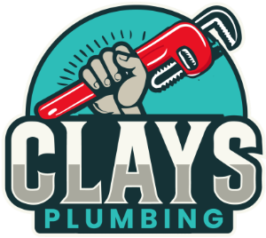 Logo for Clay's Plumbing with a hand gripping a red wrench against a teal half-circle and the name