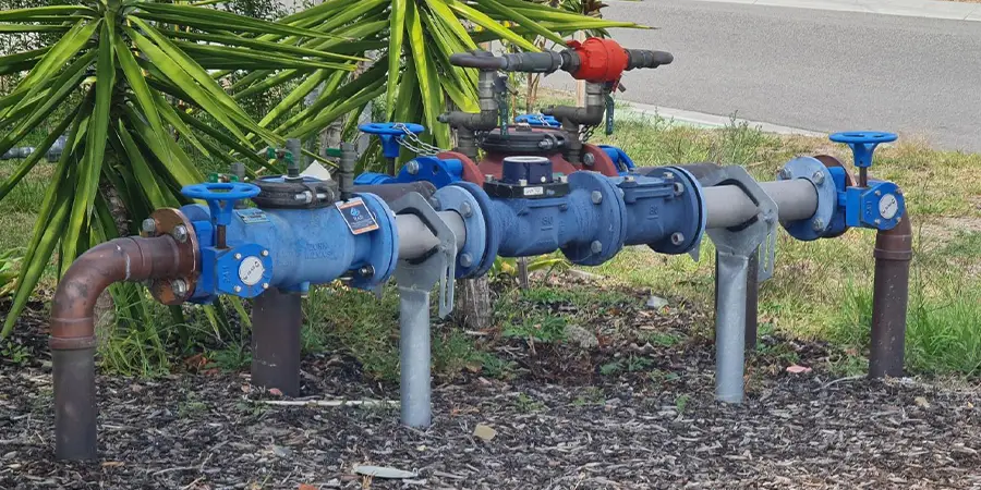 Water pipes with blue valves and a red meter on a gray gravel surface with greenery in the background.