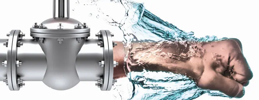 Water flows from an open industrial valve, forming the shape of a human forearm and clenched fist.