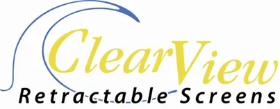 ClearView Retractable Screens logo with blue swoosh and yellow script text