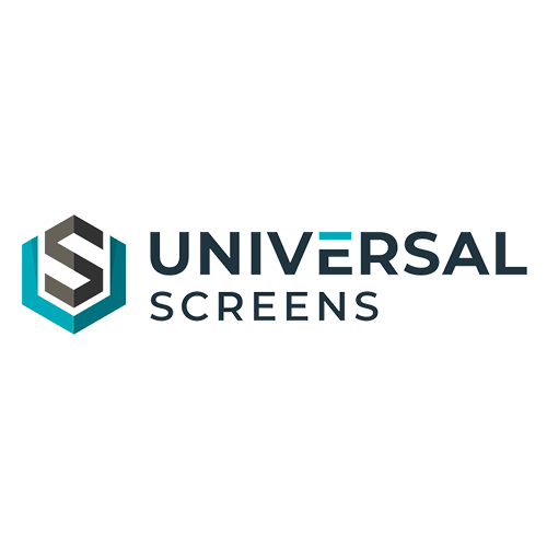 Universal Screens logo with teal and gray geometric icon and bold black text on white background