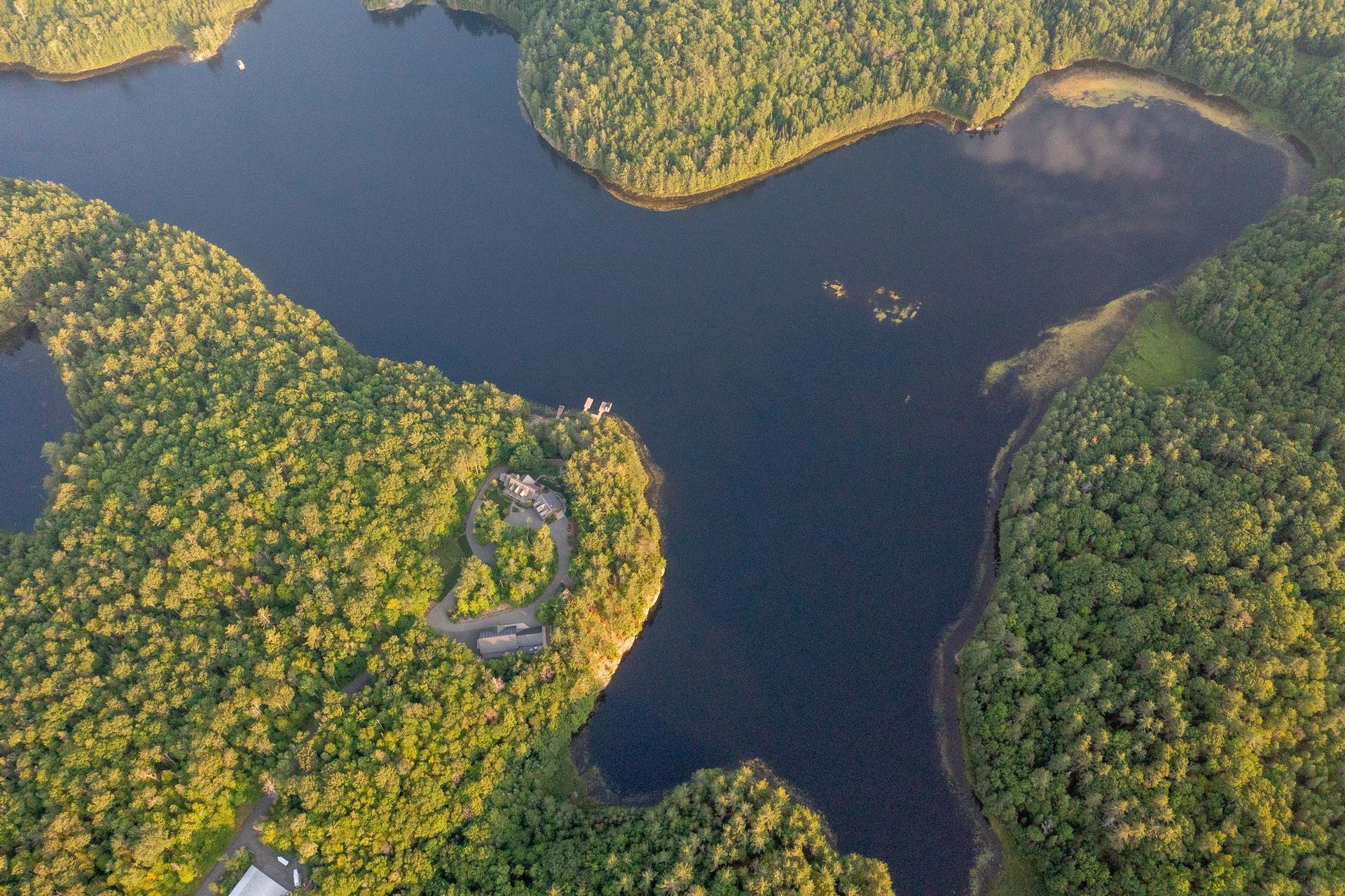 Aerial view of a dark blue lake surrounded by dense green and yellow forest.