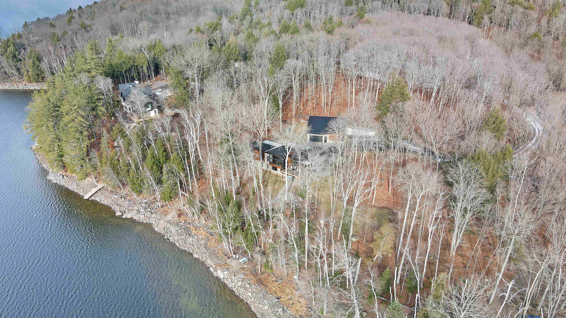 Aerial view of a wooded cliff along a calm lake shoreline in early spring.