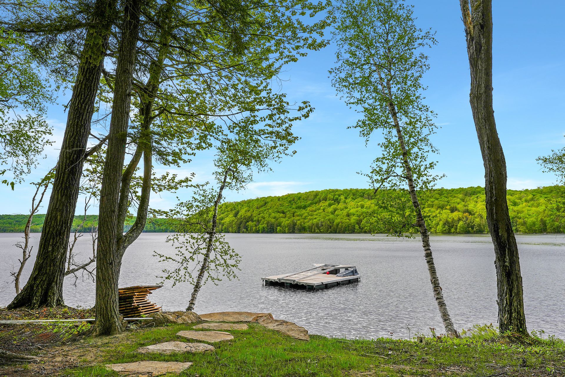 Wooded lakeshore with a small dock, calm water, and green hills under a clear blue sky