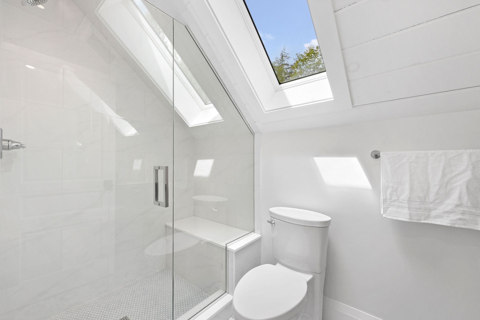 Bright white bathroom with skylight, glass shower, toilet, and towel rack