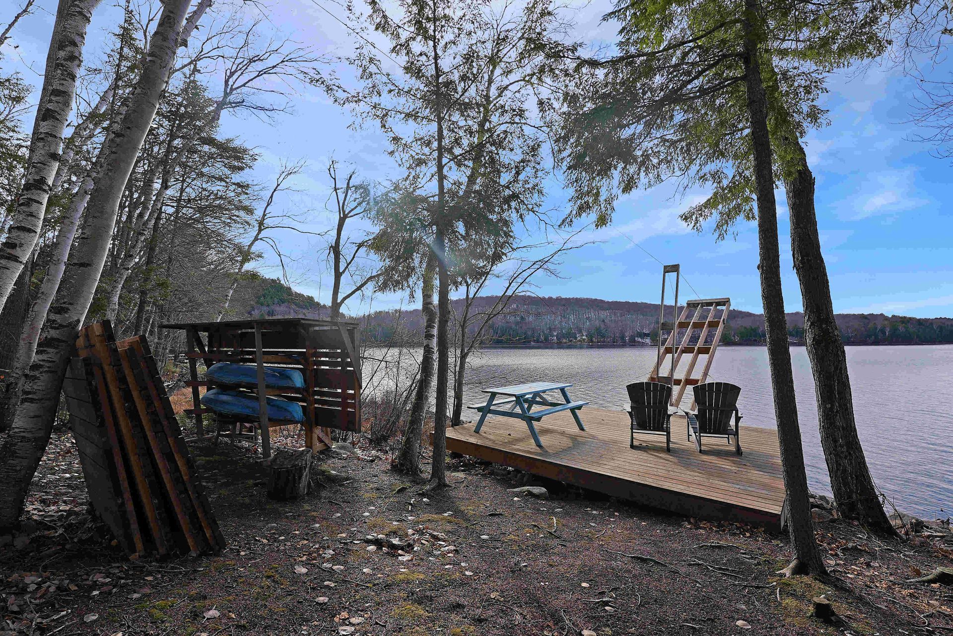 Lakefront dock with Adirondack chairs, picnic table, and trees under a blue sky