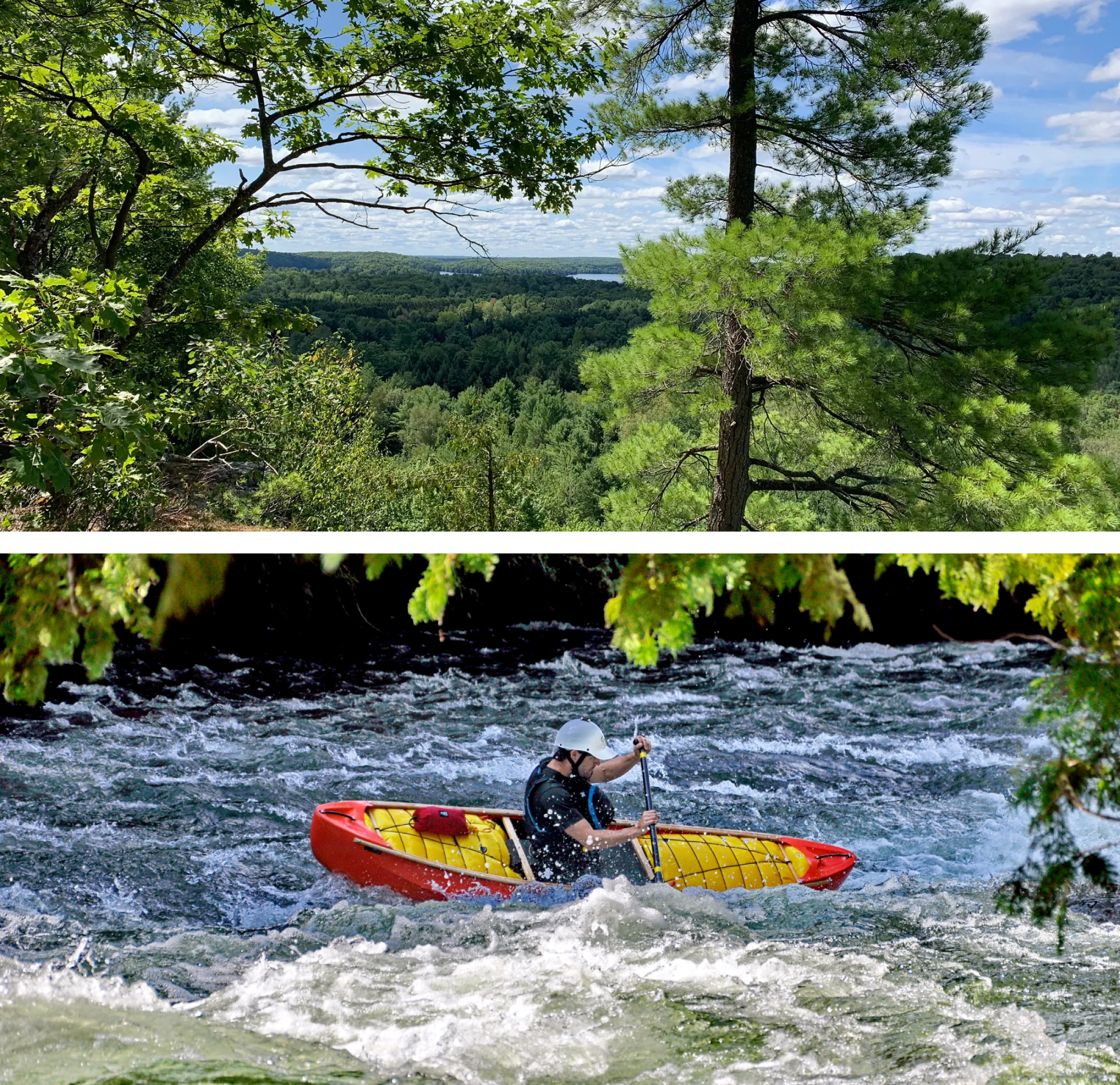 A man in a red and yellow kayak is paddling down a river.