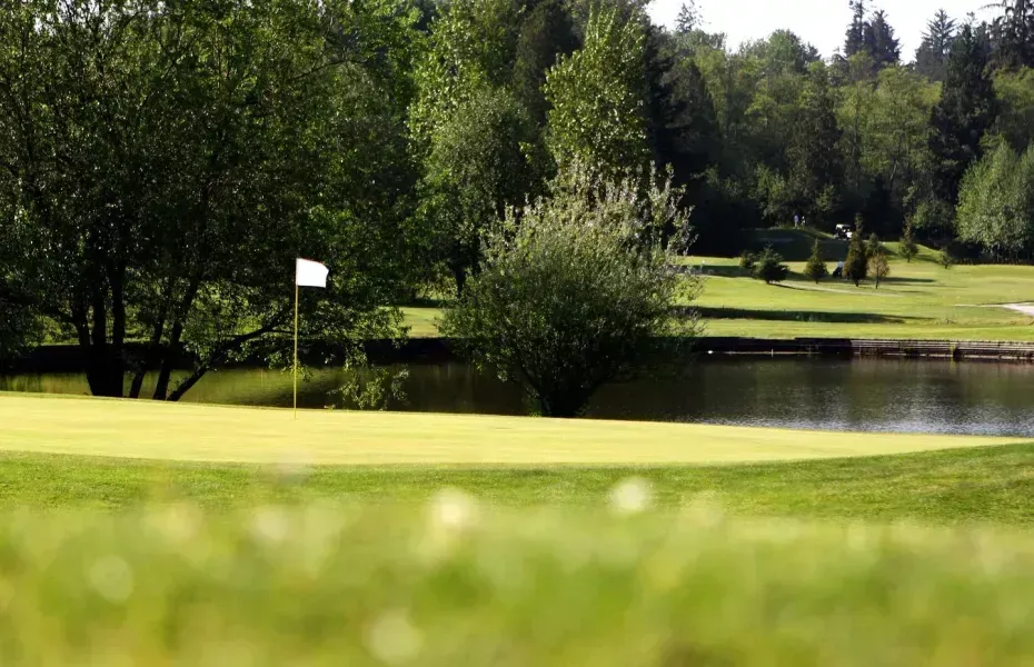 A golf course with trees and a lake in the background