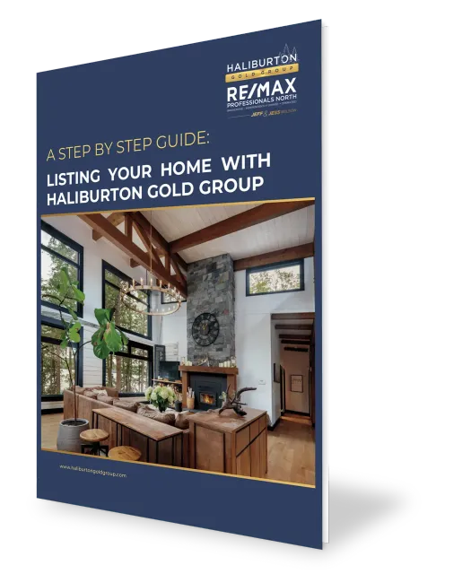 Real estate brochure cover: “Listing Your Home with Haliburton Gold Group,” with RE/MAX logo and modern home interior.