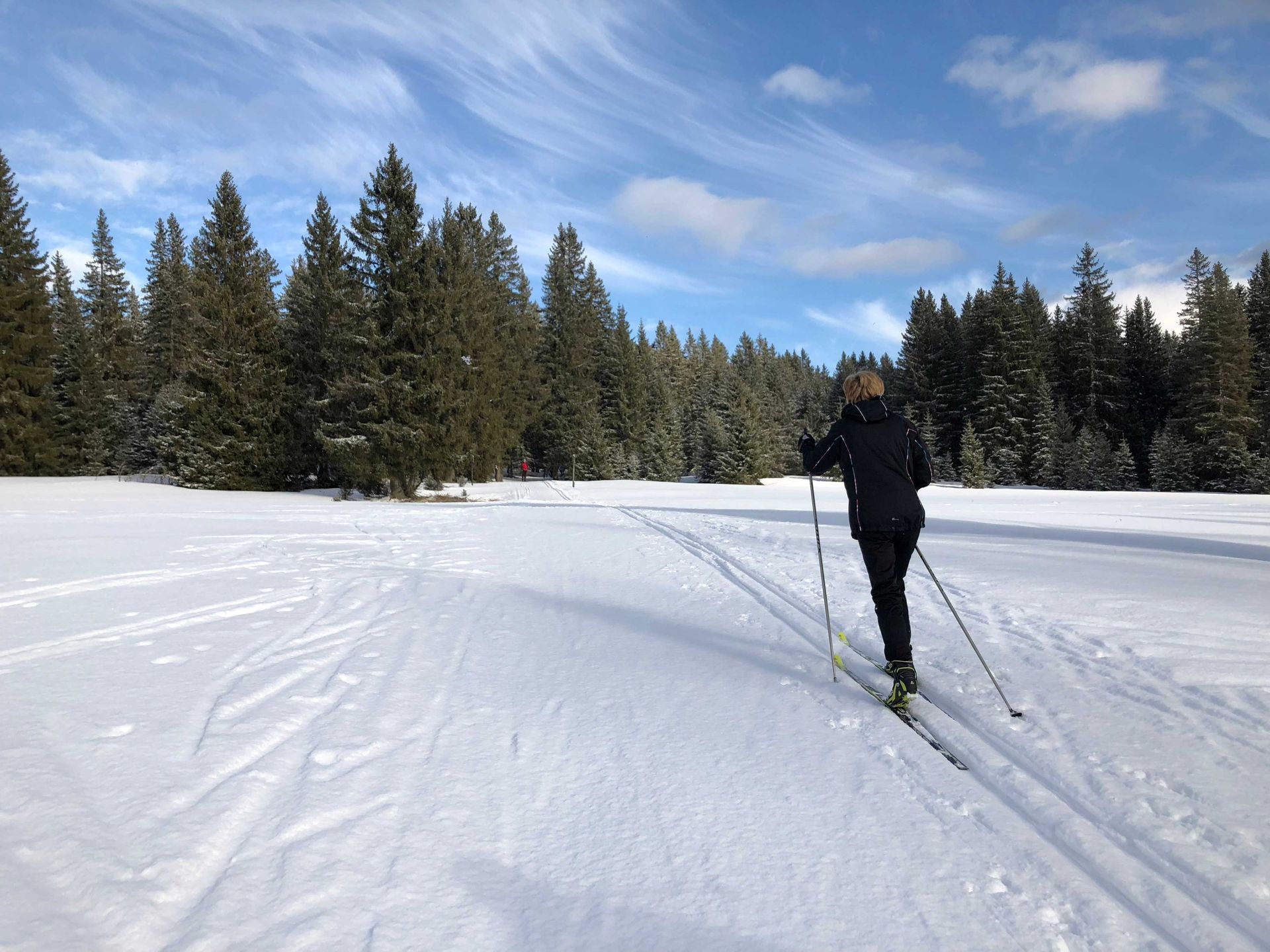 A person is cross country skiing in the snow