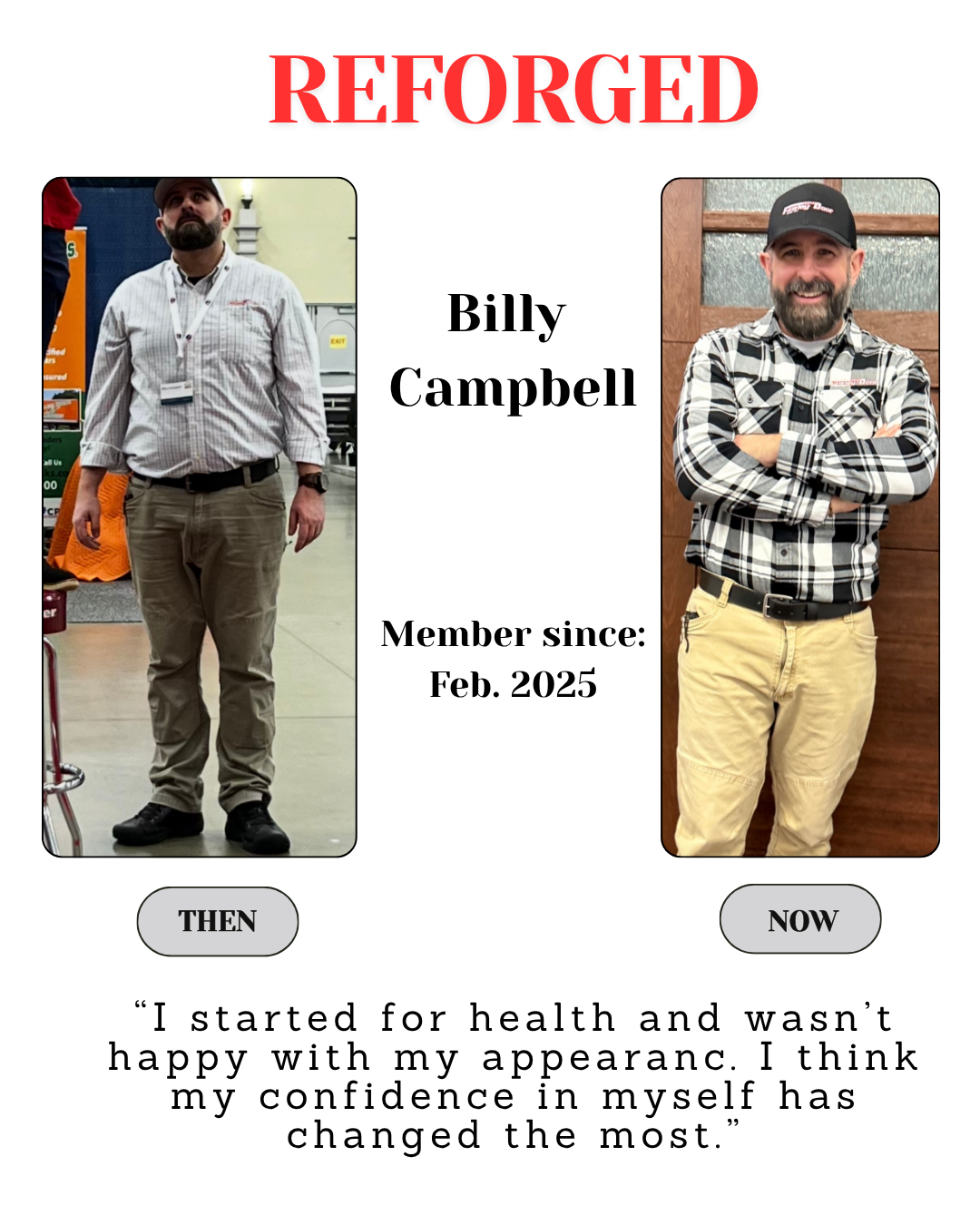 Before-and-after weight loss collage labeled “REFORGED” with two full-body photos and text about Billy Campbell.