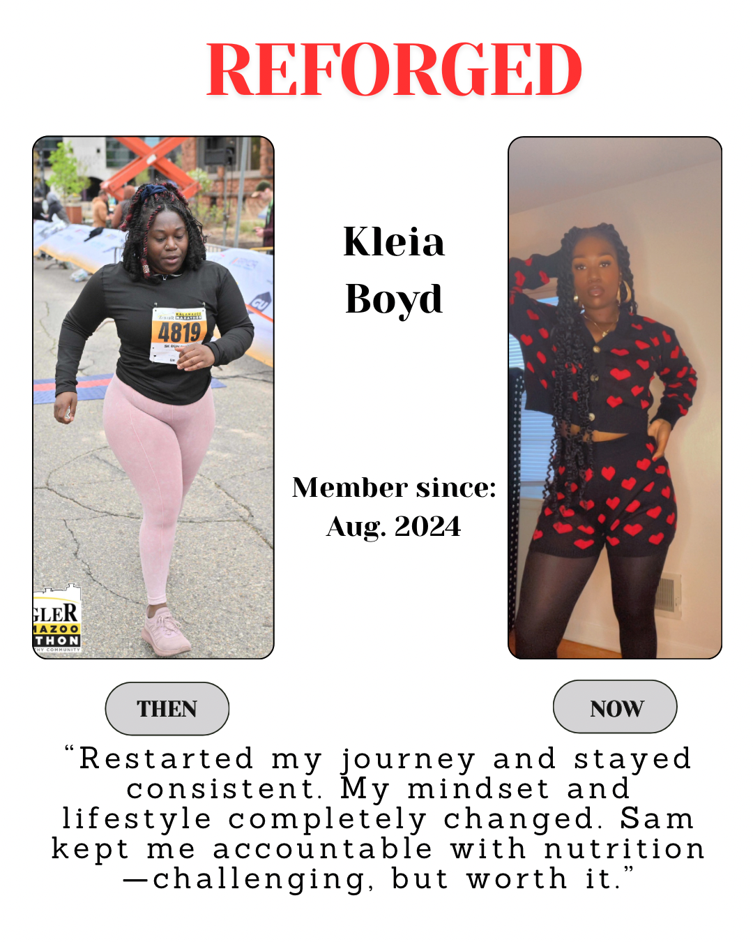 Before-and-after weight loss poster for Keia Boyd, with two full-body photos and a short testimonial.