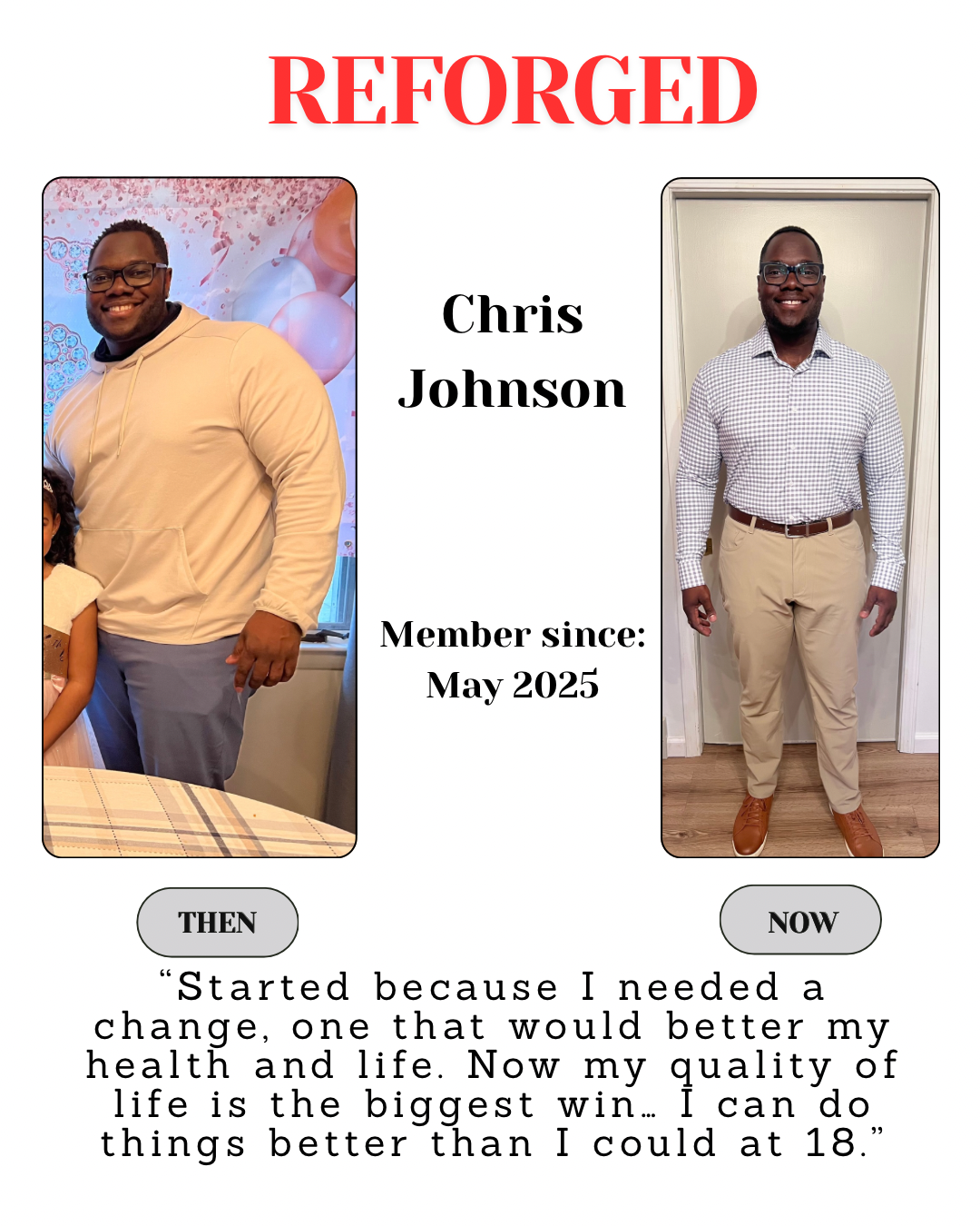 Collage titled “Reforged” showing Chris Johnson in casual clothes before and after weight loss.