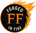 Forged in Fire logo with orange flaming letters FF on a black circle