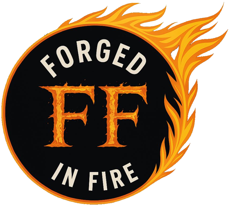 Forged in Fire logo with orange flaming letters FF on a black circle