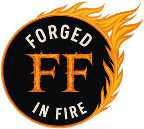 Forged in Fire logo with orange flaming letters FF on a black circle