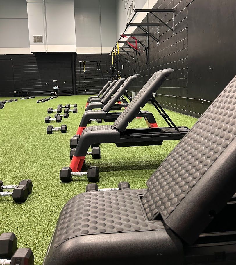 Gym with benches, dumbbells, and a turf workout area against a black wall.