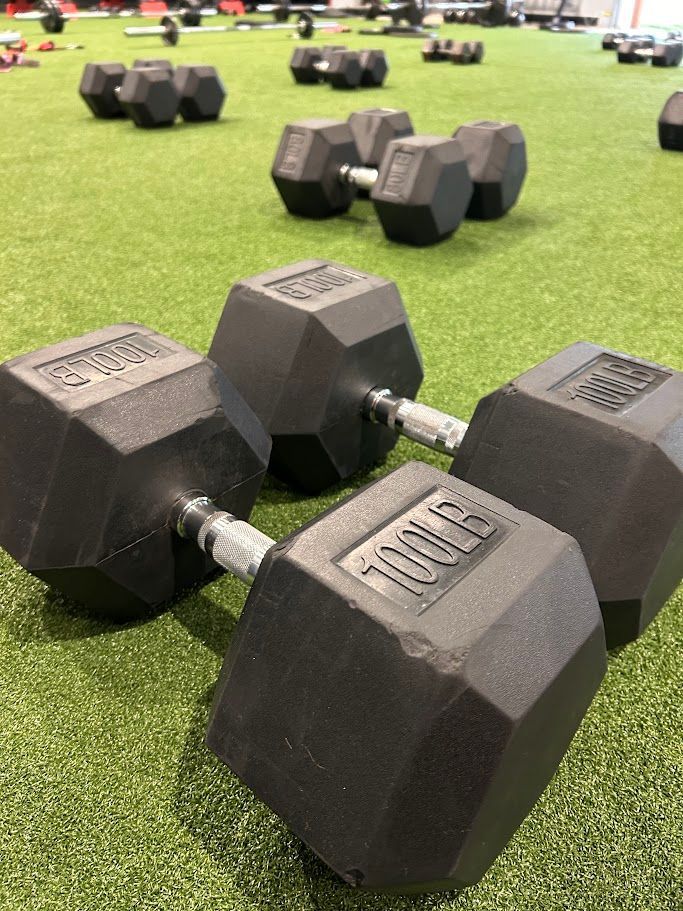 Black hex dumbbells on grass in an outdoor workout area, with more weights blurred in the background