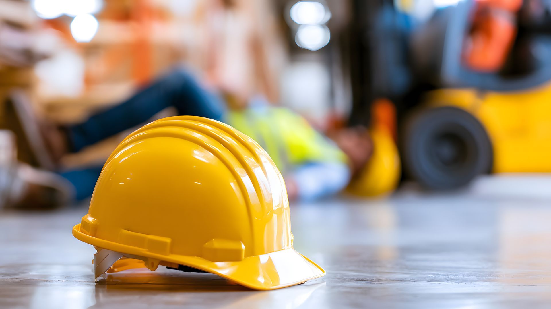Yellow construction hard hat on a floor, with blurred workers and equipment in the background