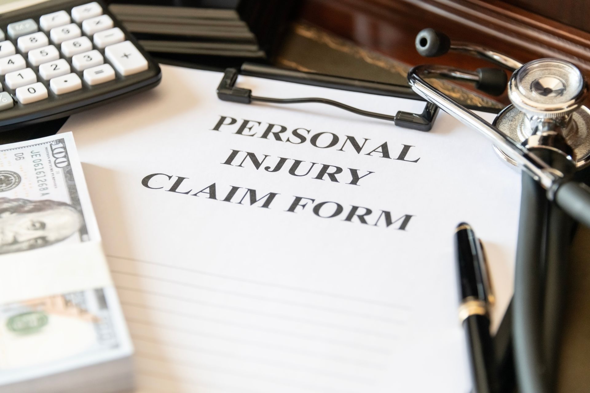 Personal injury claim form with legal documents, gavel, and money on desk.