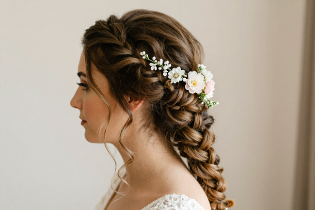 Stile romantico con dettagli floreali per acconciatura sposa