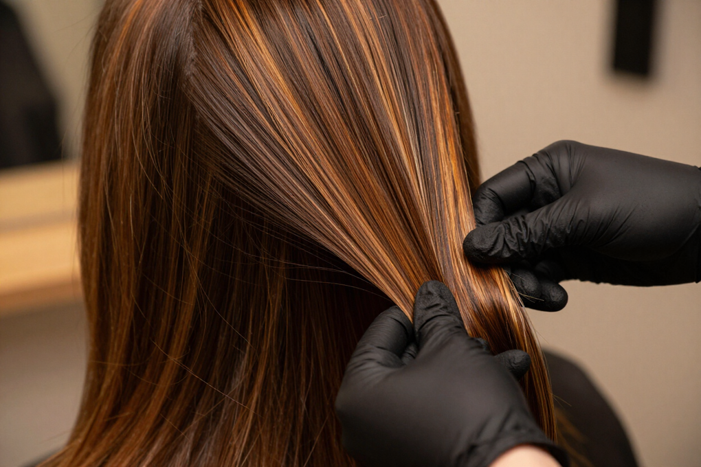 Balayage caldo su capelli bruniti, mani del professionista al lavoro