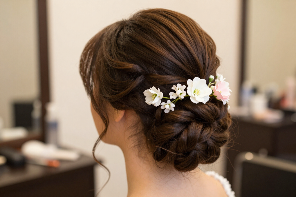 Acconciatura sposa elegante con dettagli floreali su capelli castani scuri