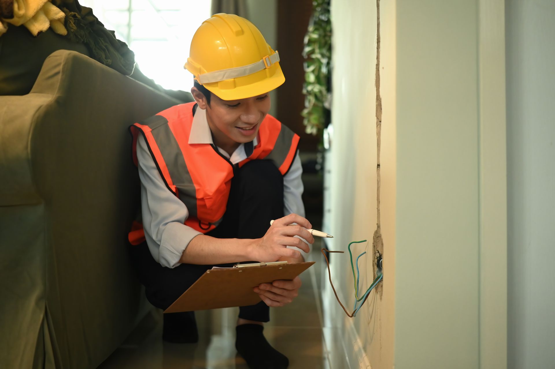 Person in hard hat and safety vest inspecting electrical wires, taking notes on a clipboard near a wall. Person in hard hat and safety vest inspecting electrical wires, taking notes on a clipboard near a wall.