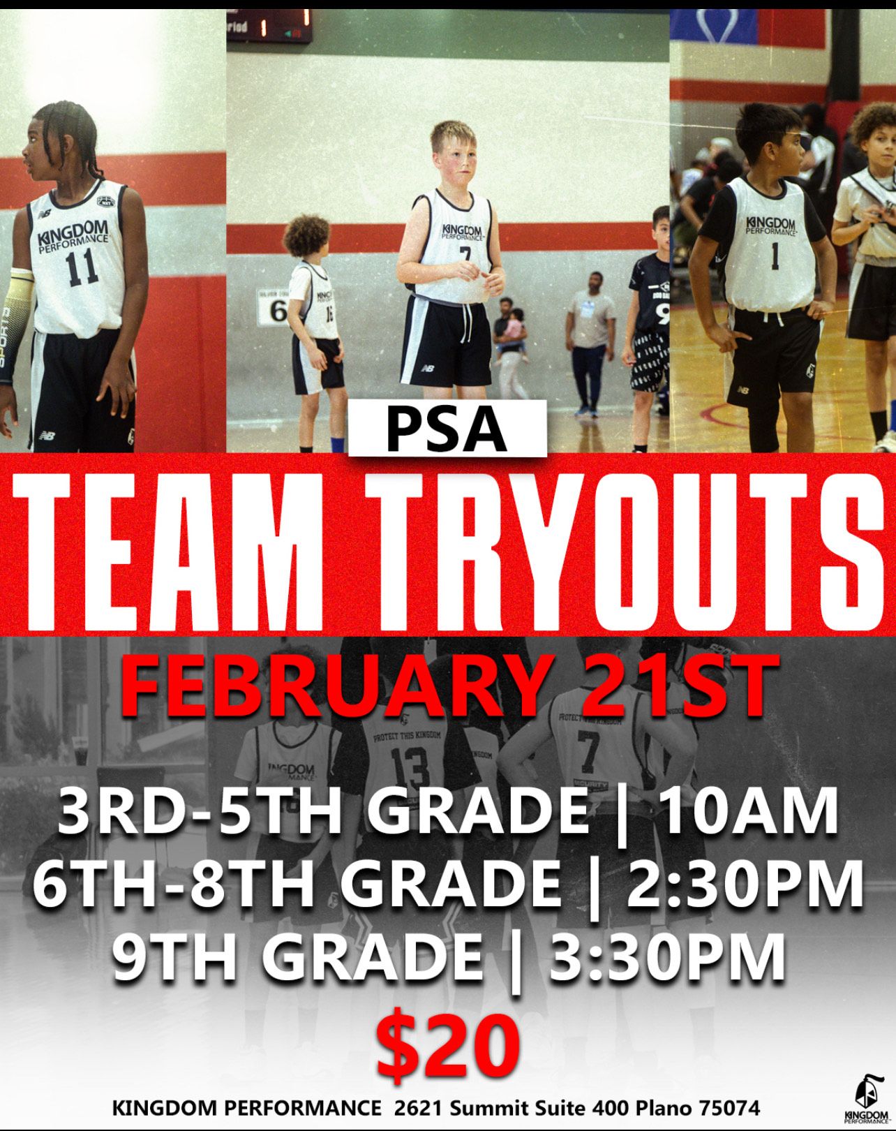 Basketball team tryouts flyer with players, red and white text, dates, grade levels, and times