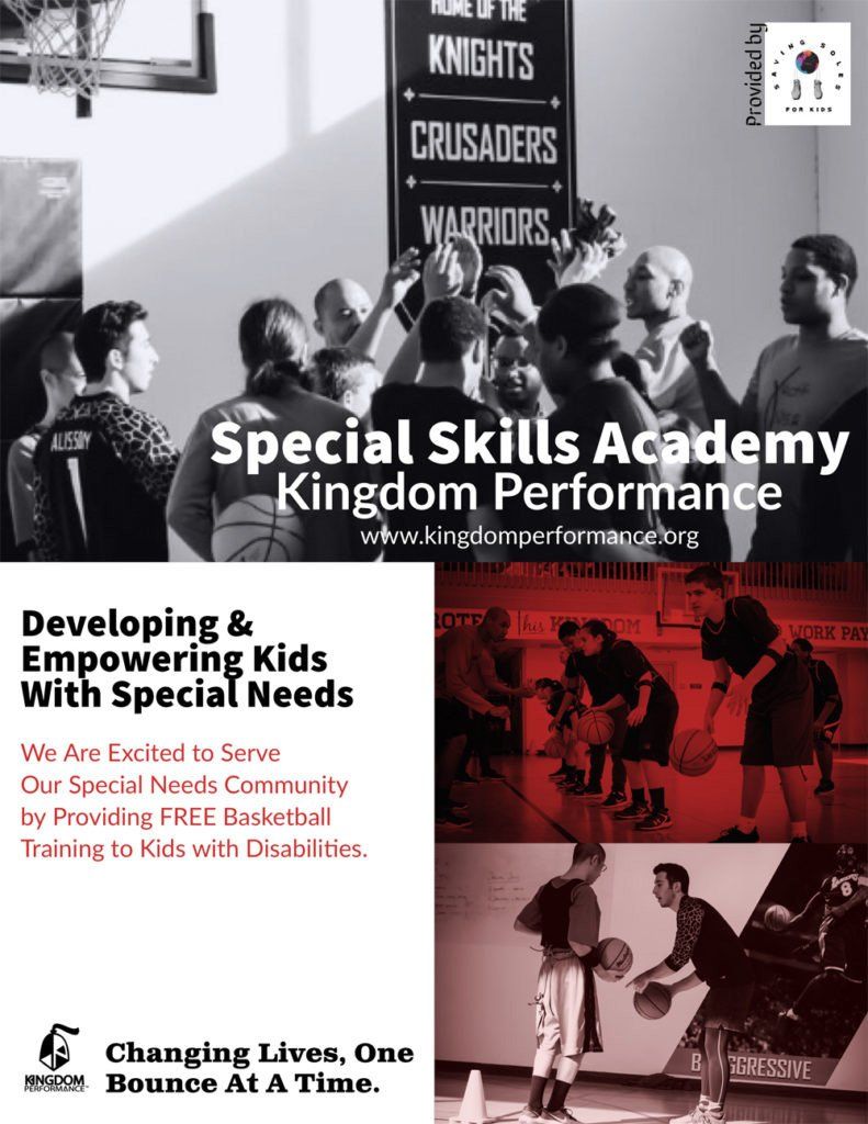 Flyer for Special Skills Academy basketball training for kids with disabilities.