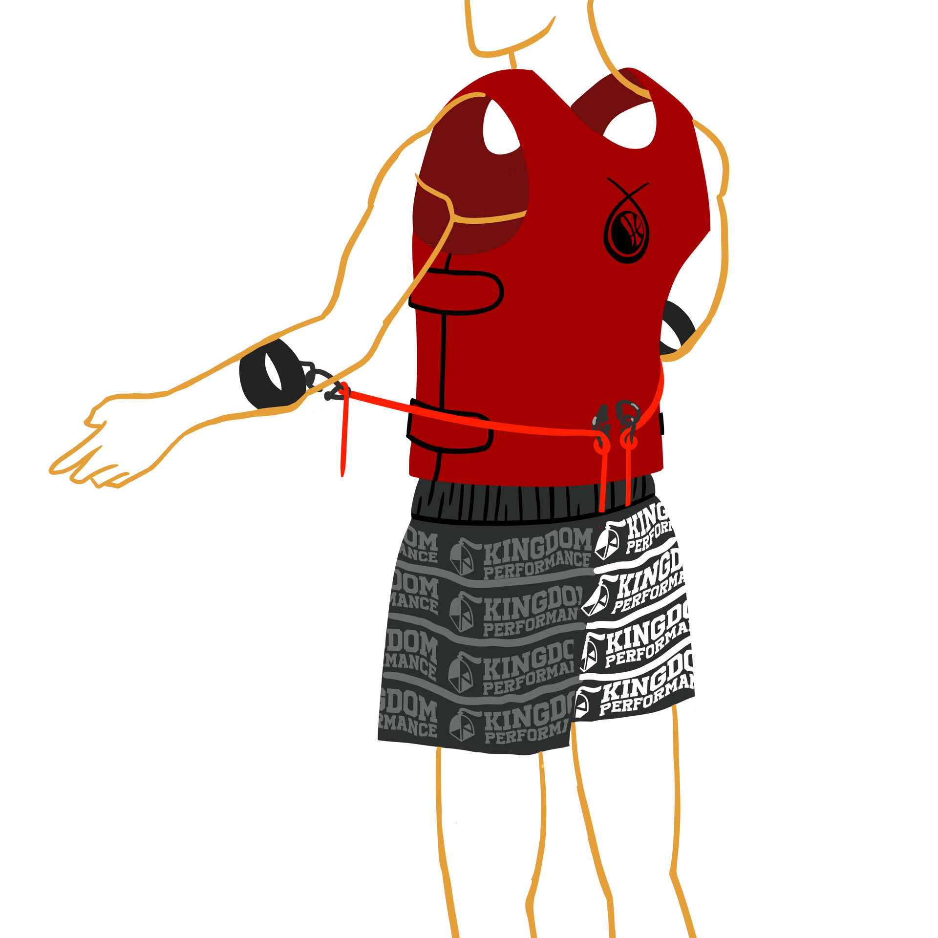 A person wearing red boxing gear and shorts with