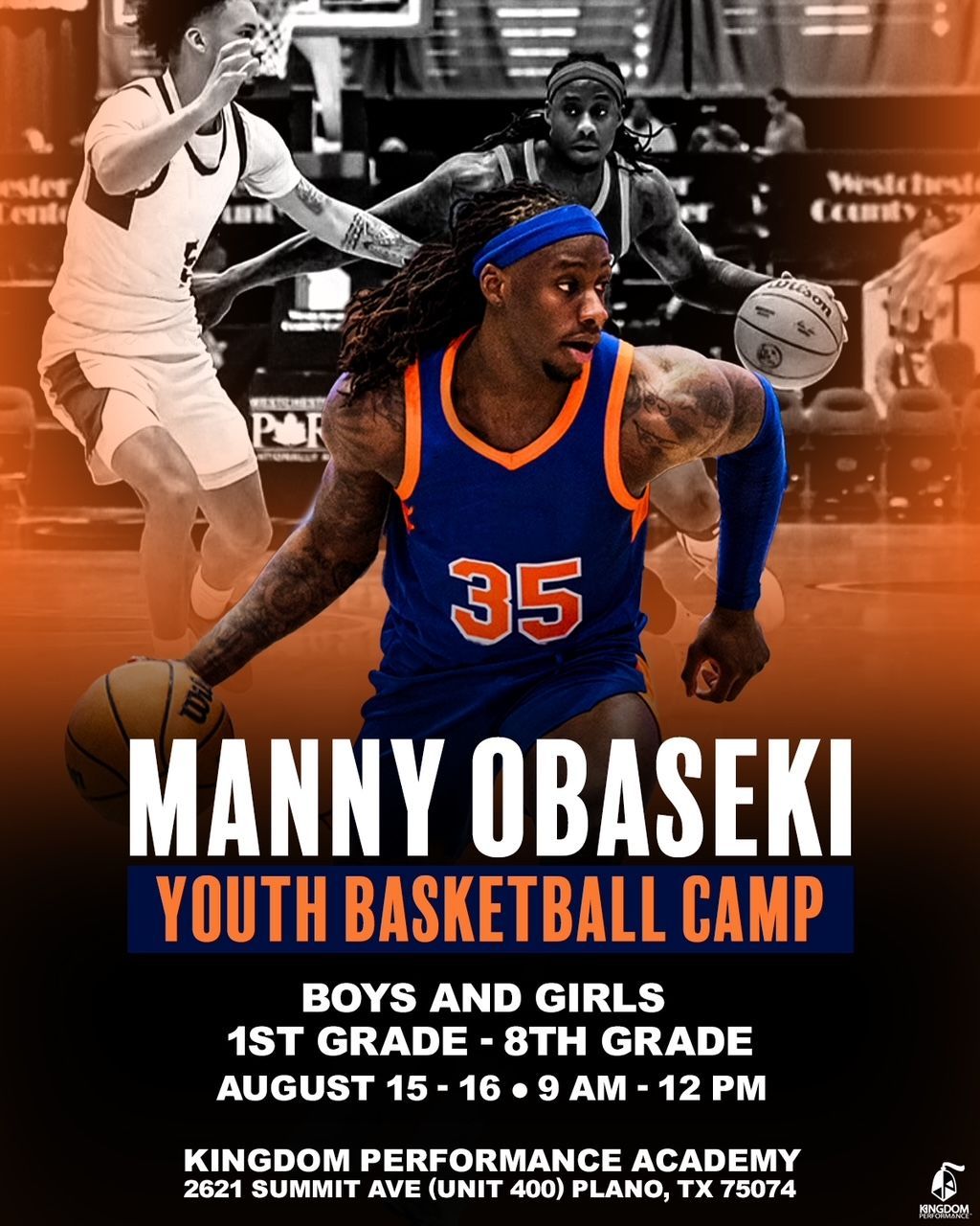 Manny Obaseki Youth Basketball Camp poster with basketball players and event details on an orange background