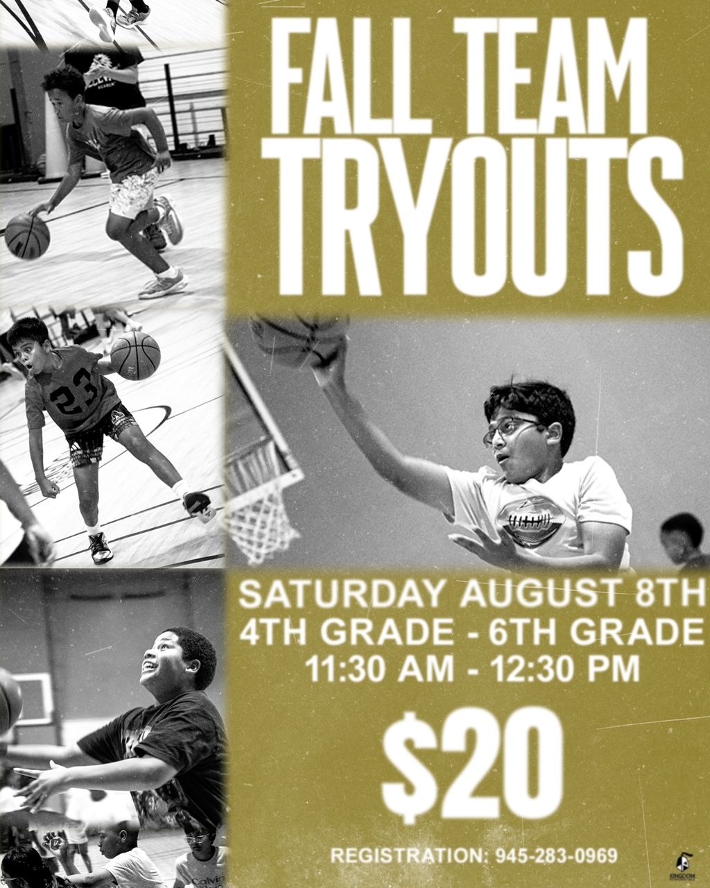 Fall team tryouts poster with softball players, Aug. 8, 4th-6th grade, 11:30 a.m.-12:30 p.m., $20
