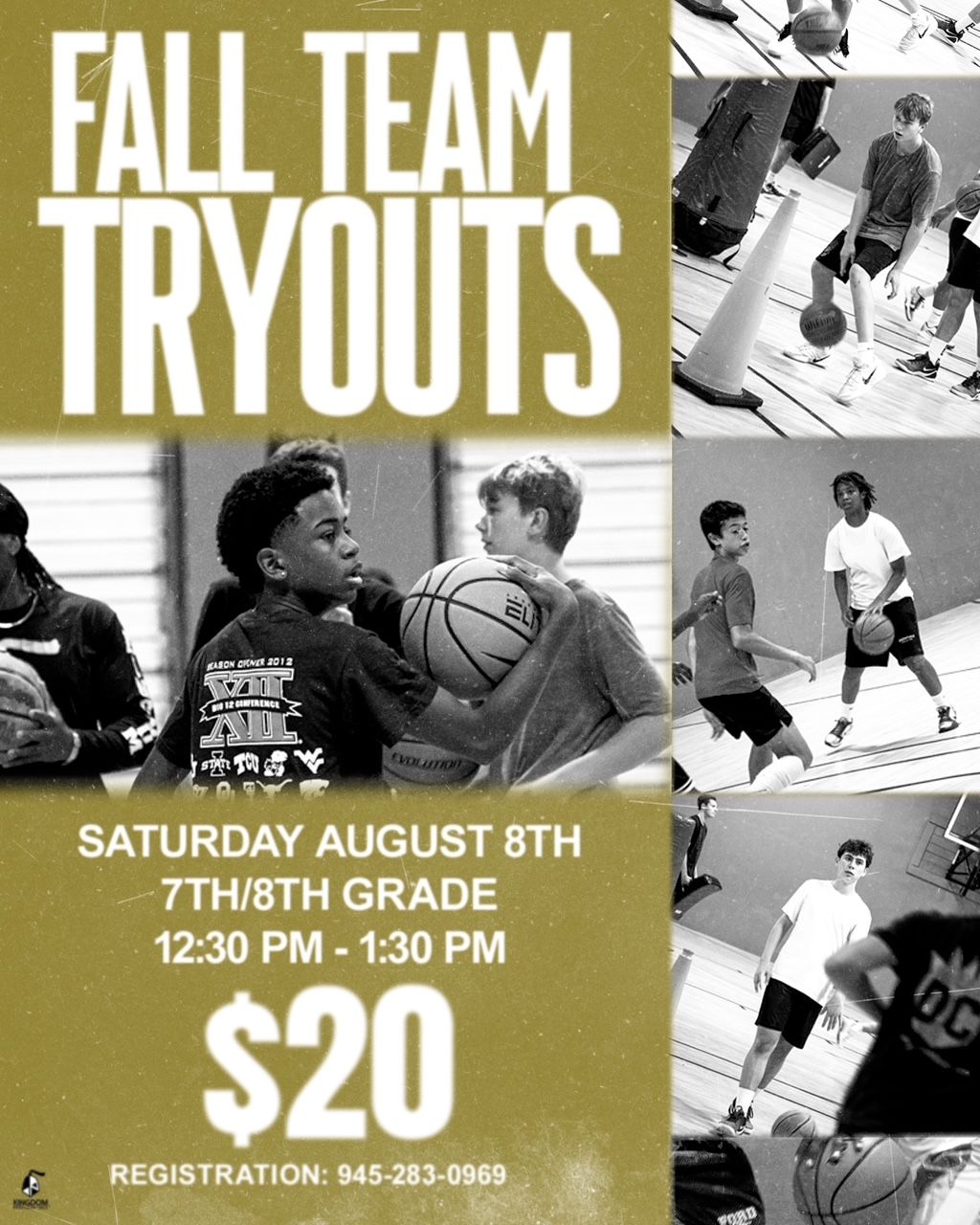 Fall team tryouts poster with basketball players, Saturday August 8th, 7th/8th grade, 12:30-1:30 PM, $20