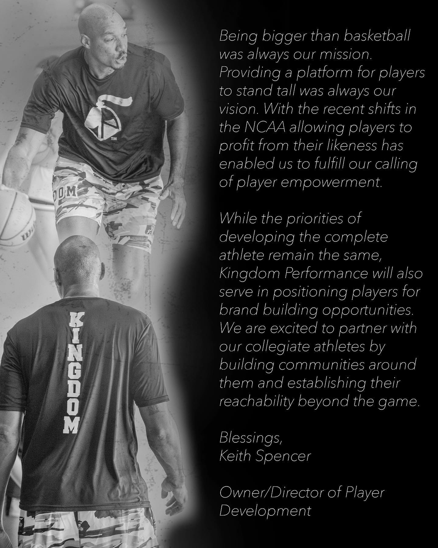 Black and white image of two men playing basketball. Text about player development and their vision.