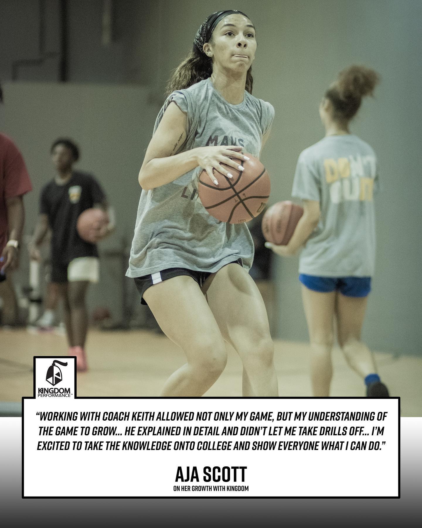 Basketball player Aja Scott dribbles in a gym; quote at the bottom: