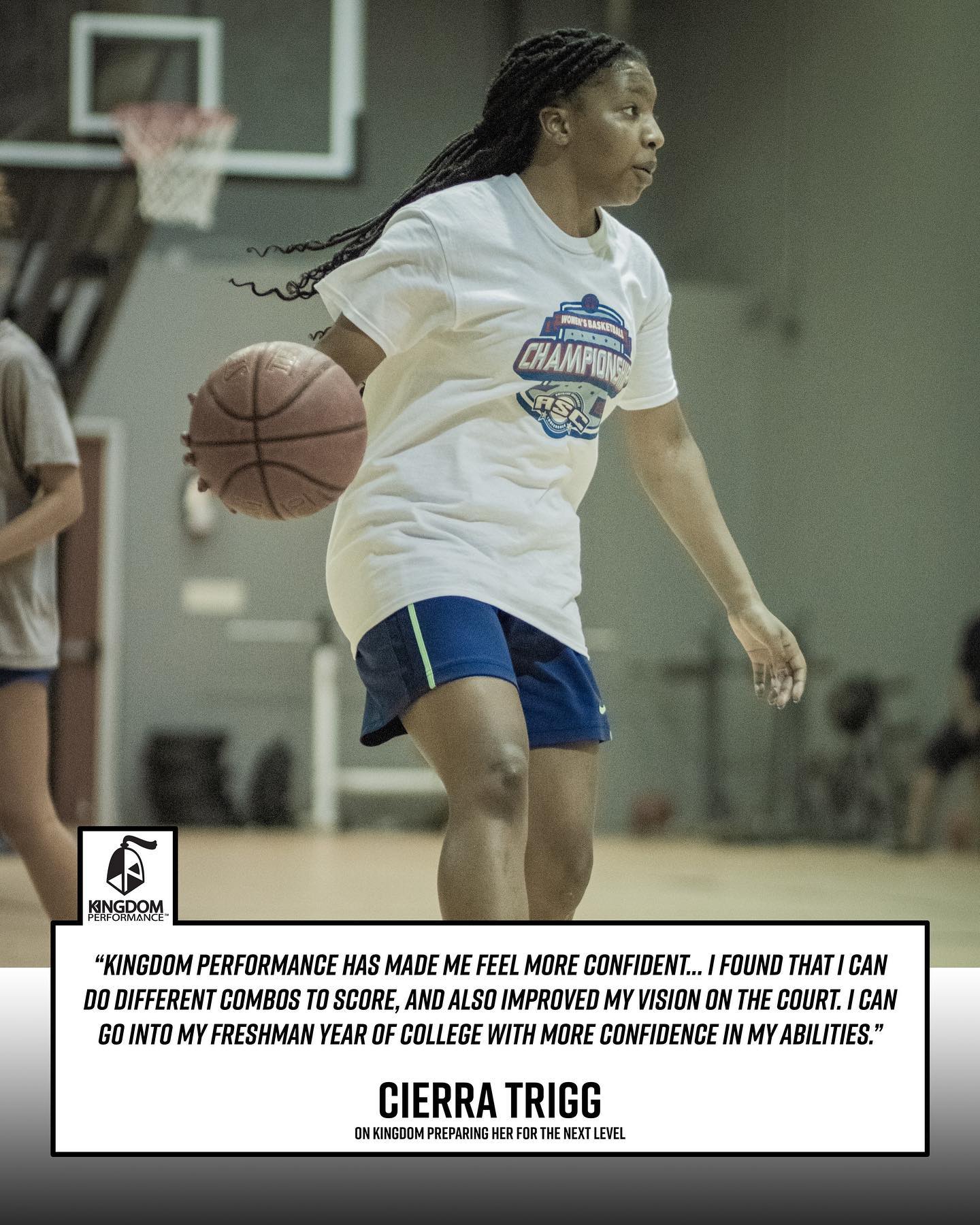 Woman dribbling a basketball on a court. She wears a white t-shirt, blue shorts. Text includes her name, and a quote.