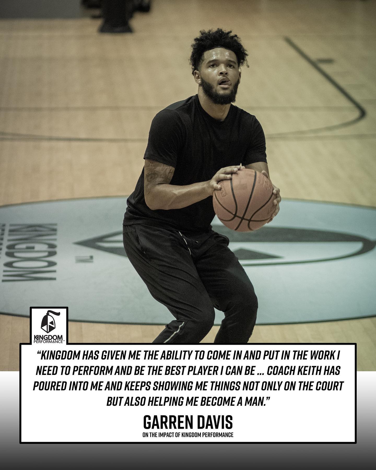Basketball player Garren Davis holding a ball. Quote: