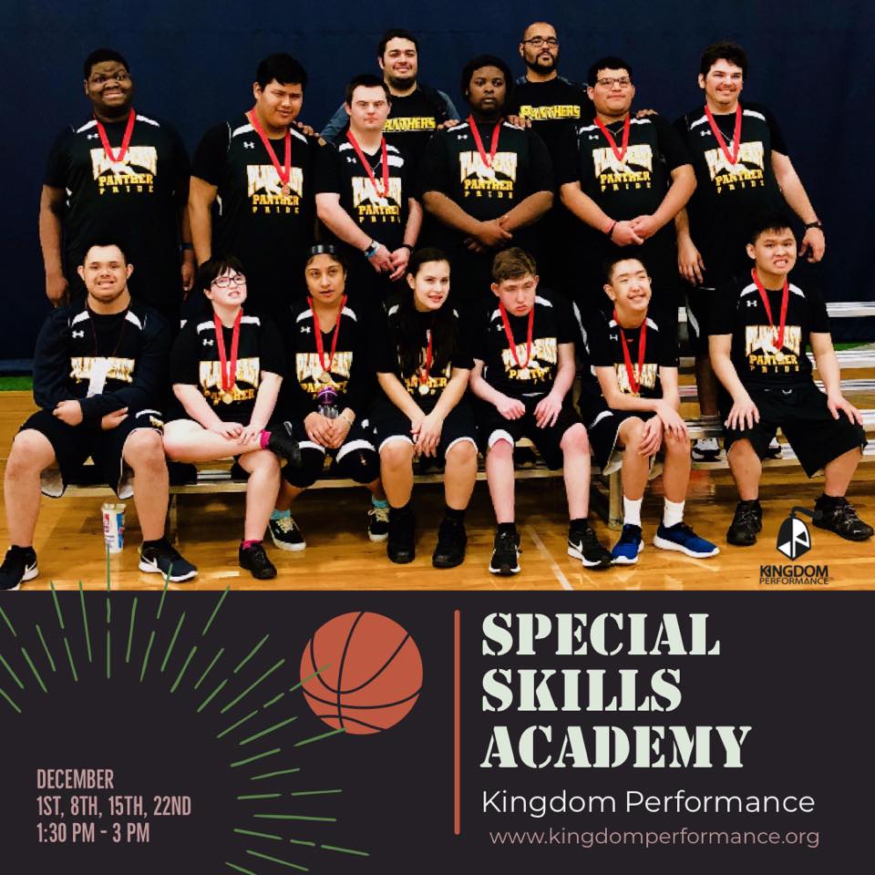 Basketball team posing in black jerseys with medals. Special Skills Academy flyer; December dates, 1:30-3pm.