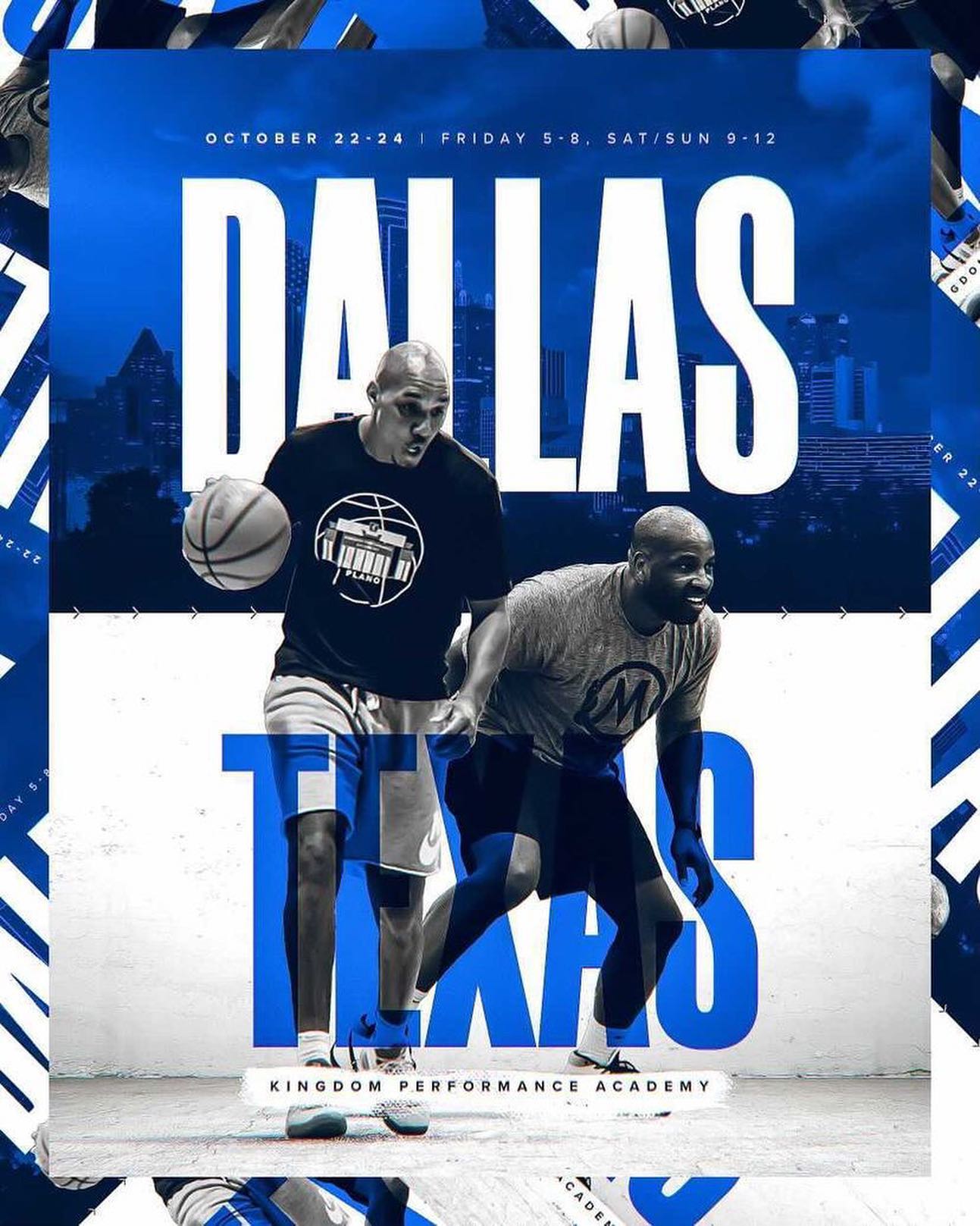 Two men playing basketball in Dallas, Texas; blue and white graphic.