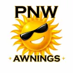 Logo for PNW Awnings featuring a yellow sun wearing black sunglasses with the text