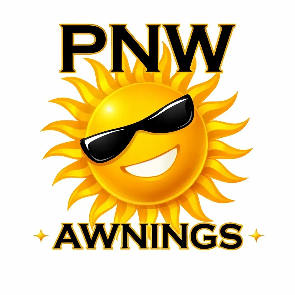 Logo for PNW Awnings featuring a yellow sun wearing black sunglasses with the text