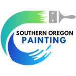 Logo for Southern Oregon Painting featuring a paint brush leaving a teal and blue circular brushstroke path.