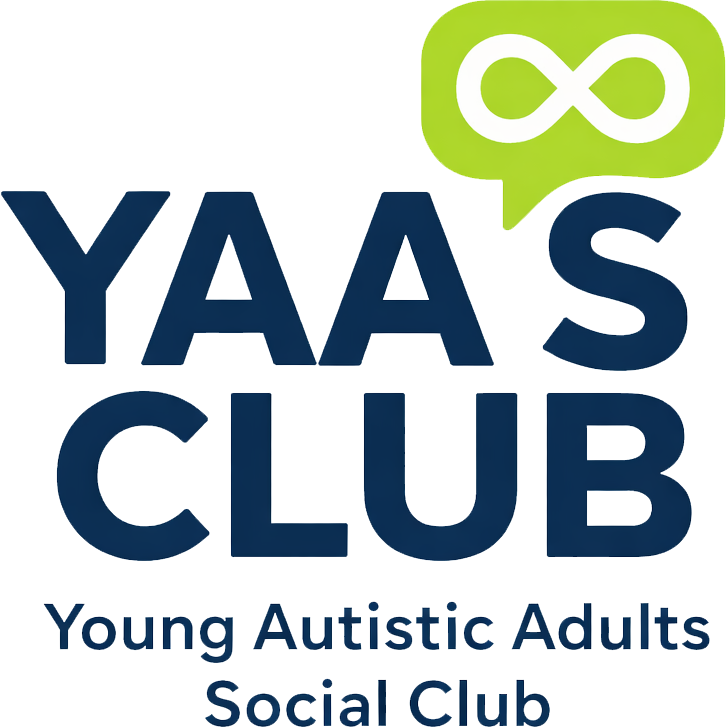Logo for YAA'S CLUB: Young Autistic Adults Social Club, featuring a green infinity symbol speech bubble above dark text.