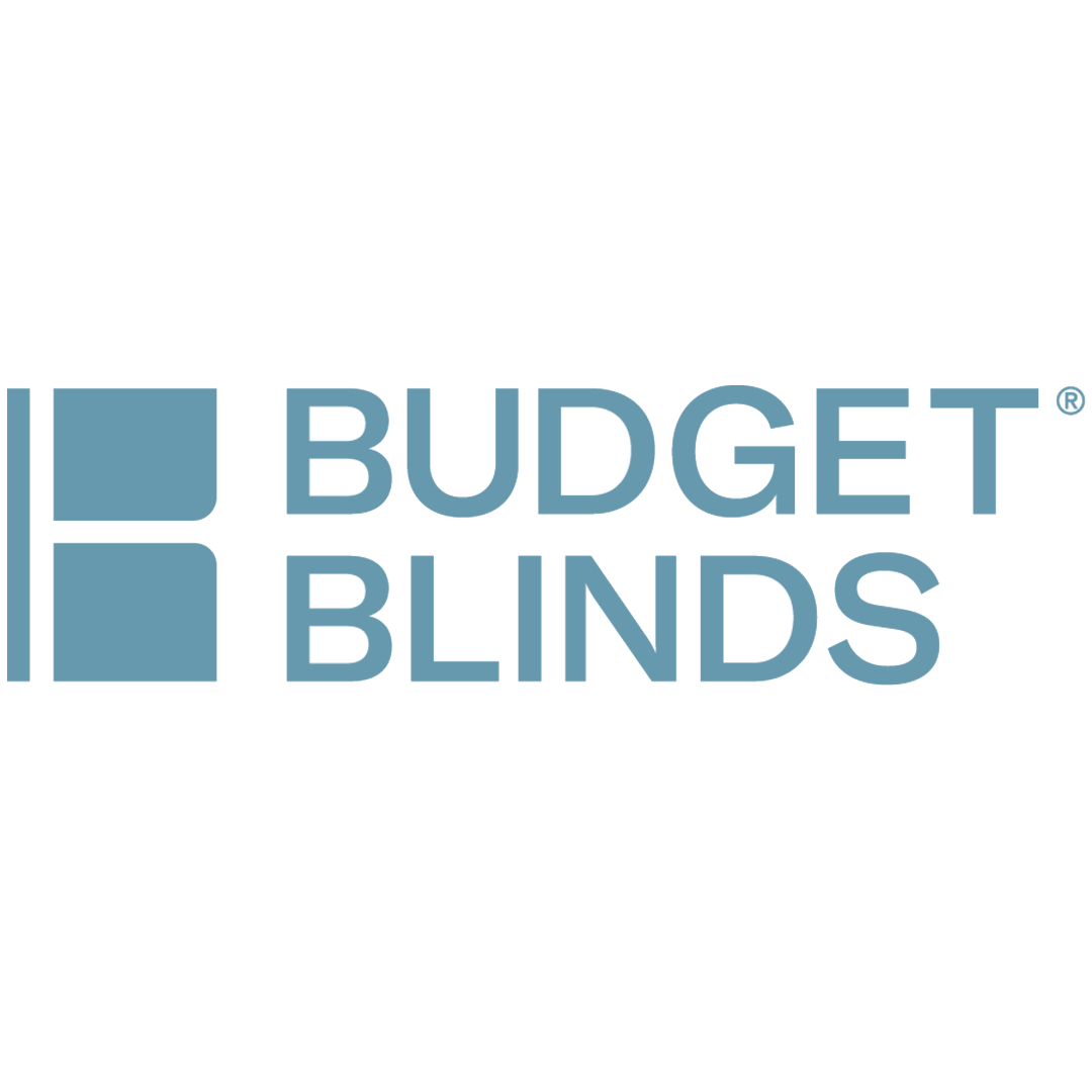 The Budget Blinds logo featuring a blue stylized 